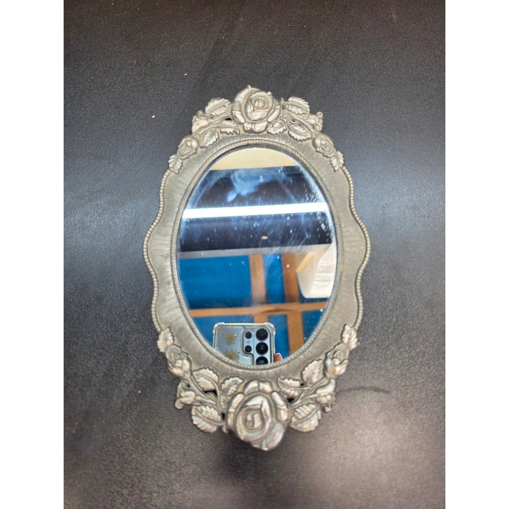 Vintage Ornate Pewter Tone Oval Rose Wall Mirror Victorian Cottagecore 9 Inch